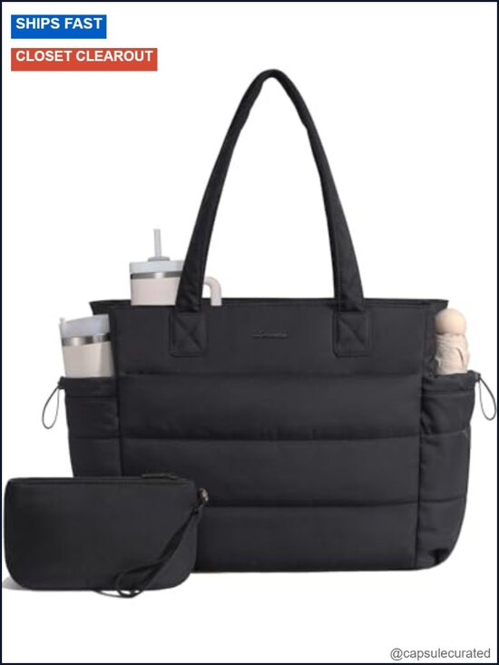 Handbags - Ultralight Puffer Tote Bag with Laptop Pocket and Tumbler Holder
